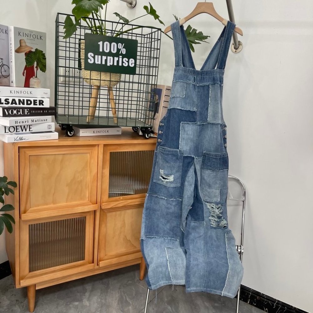 We the Free People Baggy Denim Jumpsuit Fern Overalls Patchwork Raw Hem Grunge - Picture 4 of 11